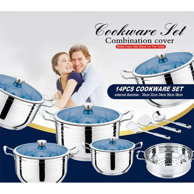 High Quality Stainless Steel Kitchen Pot Set  With Glass Lid 14pcs