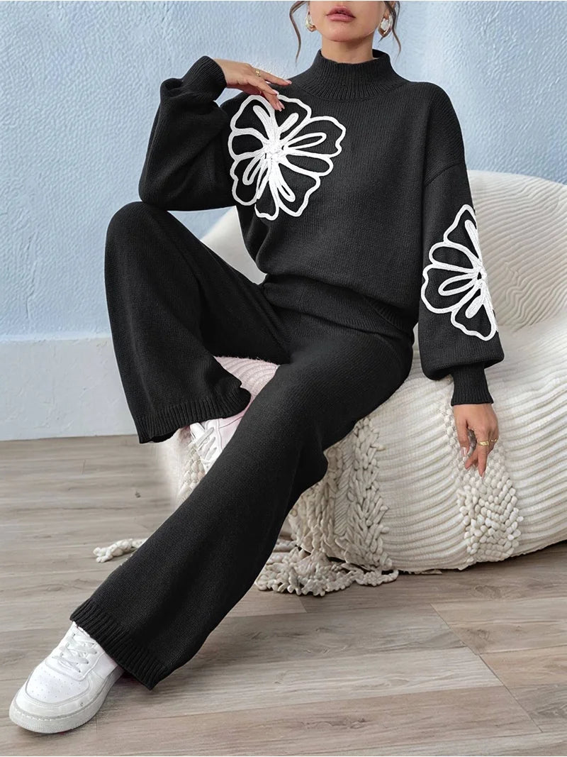 Ladies Floral Embroidery Knitted Loungewear 2pc - Various Colours