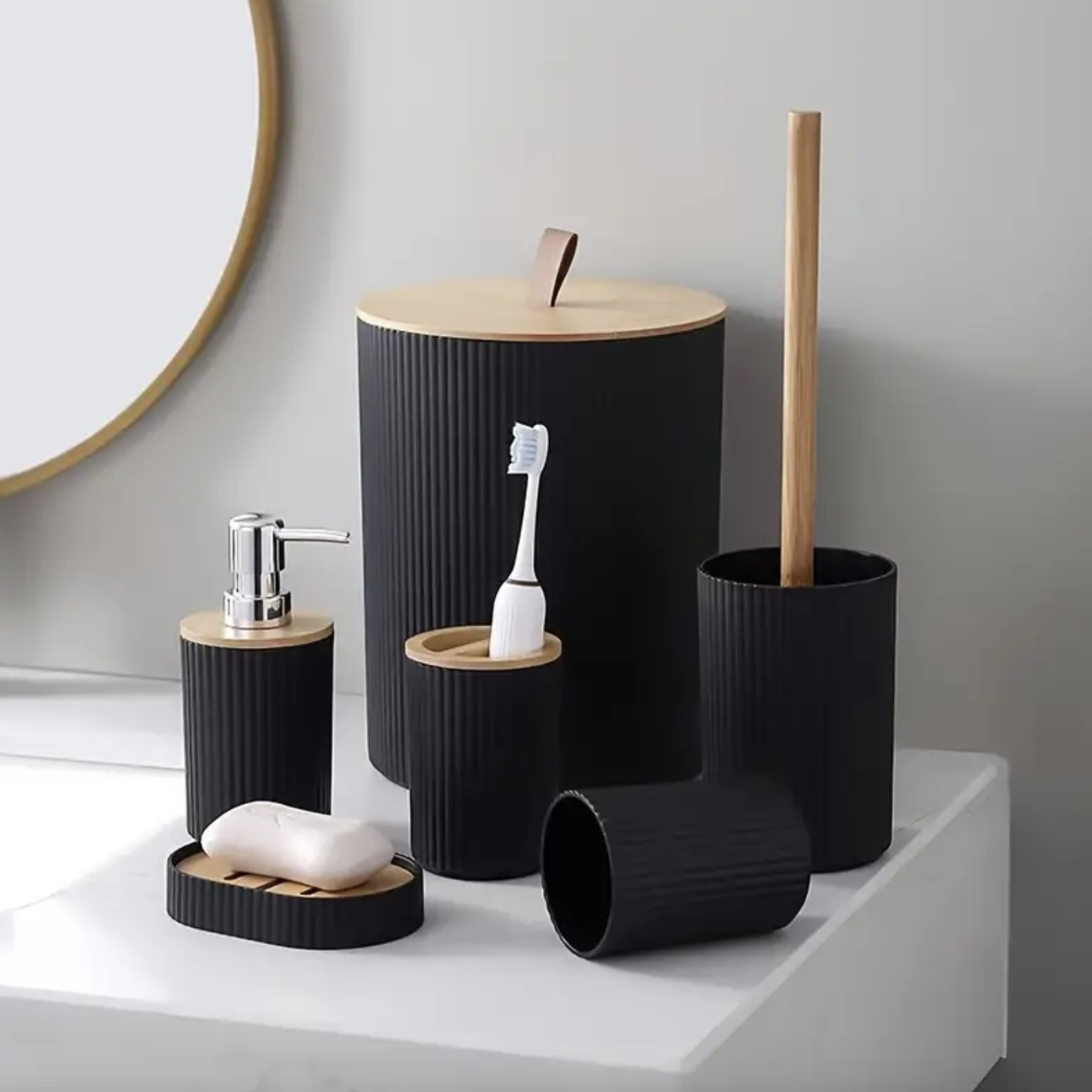 MHome 6Pc Bathroom Accessory Set With Wooden Lid – Modern Bathroom Décor Essentials