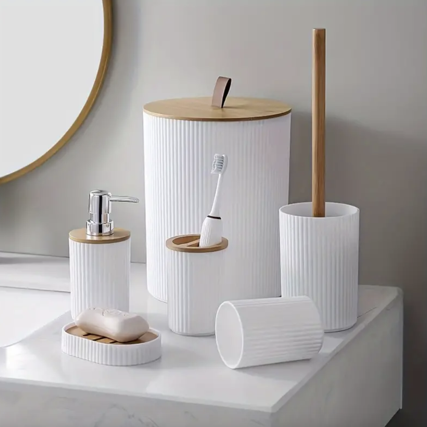 MHome 6Pc Bathroom Accessory Set With Wooden Lid – Modern Bathroom Décor Essentials