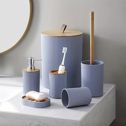 MHome 6Pc Bathroom Accessory Set With Wooden Lid – Modern Bathroom Décor Essentials