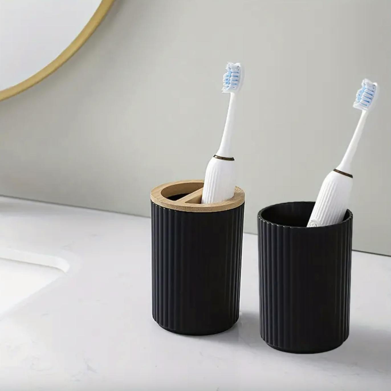 MHome 6Pc Bathroom Accessory Set With Wooden Lid – Modern Bathroom Décor Essentials