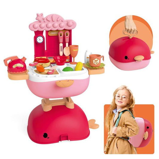 3-in-1 Foldable Kitchen Role Play Set for Girls – 30-Piece Pretend Cooking Toy with Portable Whale Backpack