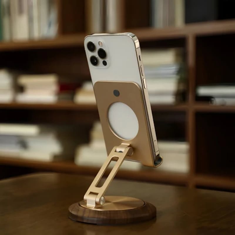 MTech 360° Aluminium Phone Holder Stand with Wood-Look Base – Adjustable & Stylish