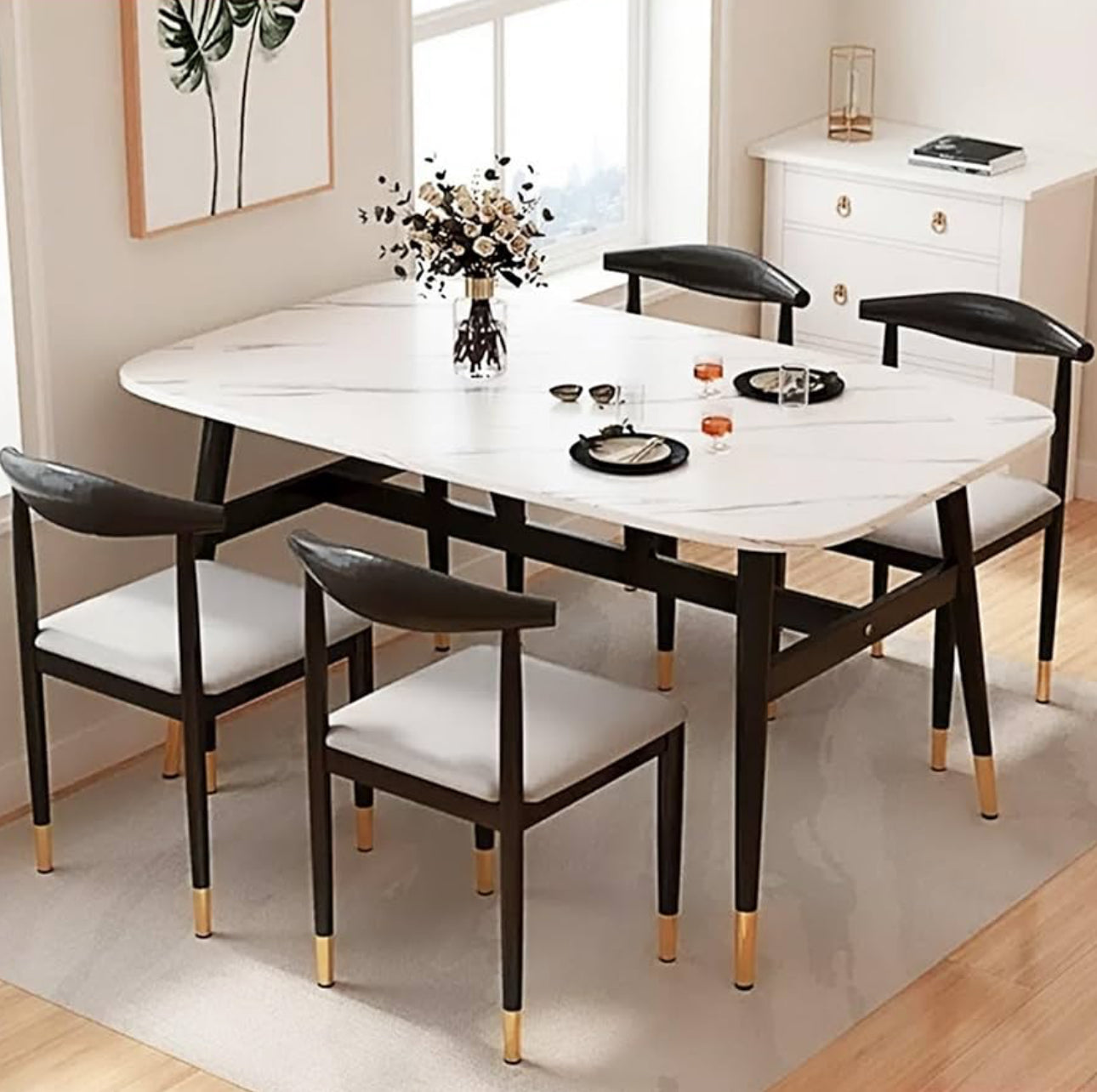 MFurn Modern Dining Table Set for 4 with Upholstered Chairs, Round Breakfast Table with Black Metal Legs ,Stylish Living Room Furniture-Available in Black or White Options