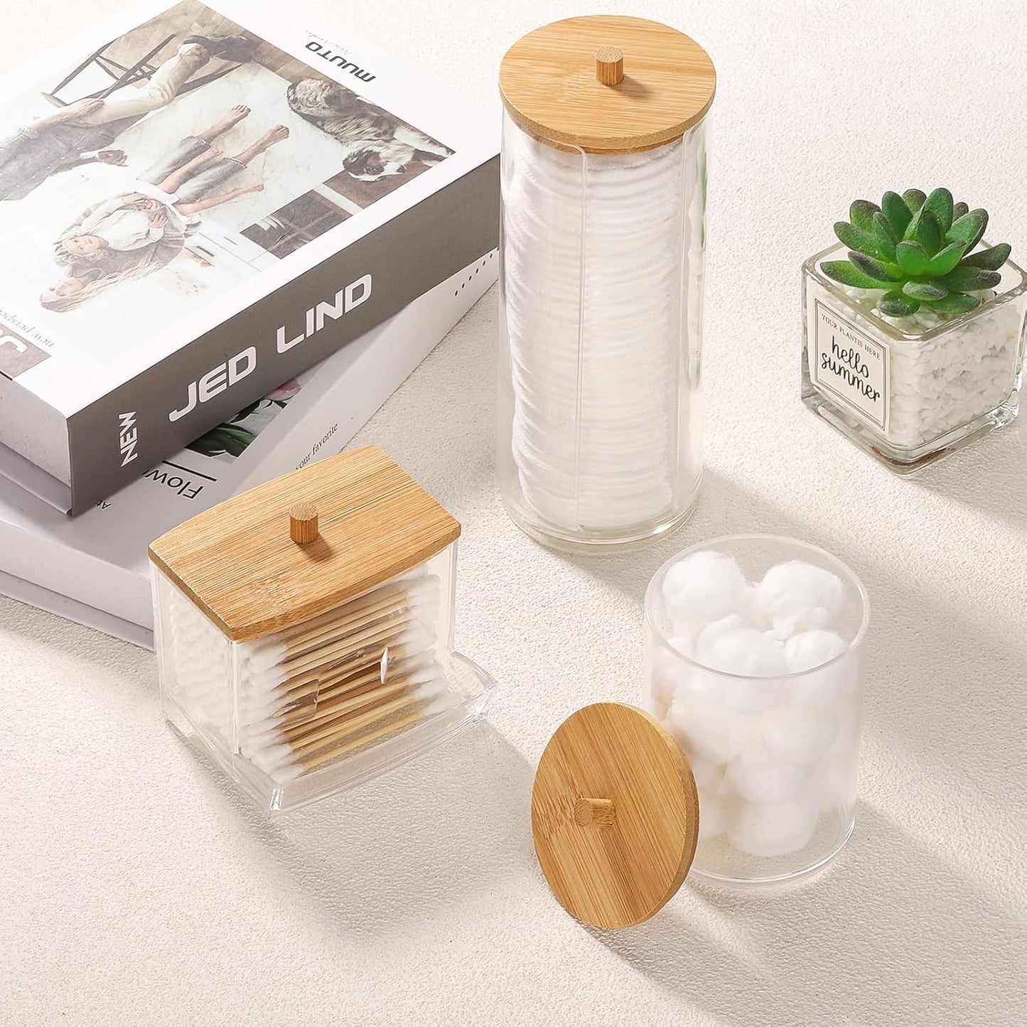 MHome 3-Piece Acrylic Cosmetic Dispenser & Holder Set with Bamboo Lids