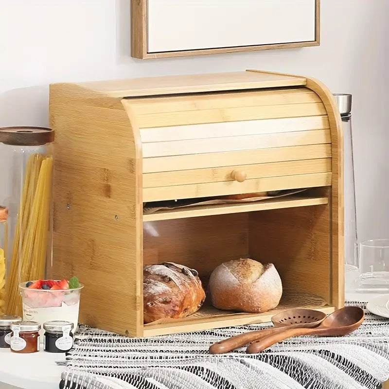 MHome Two-Layer Bamboo Bread Box – Adjustable Roll-Top Bread Storage Organizer