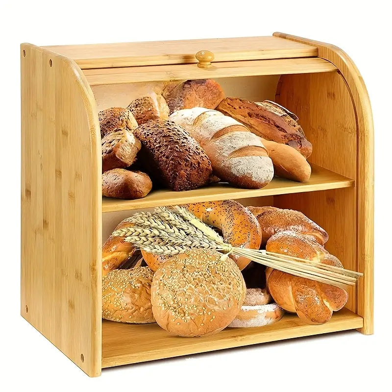 MHome Two-Layer Bamboo Bread Box – Adjustable Roll-Top Bread Storage Organizer