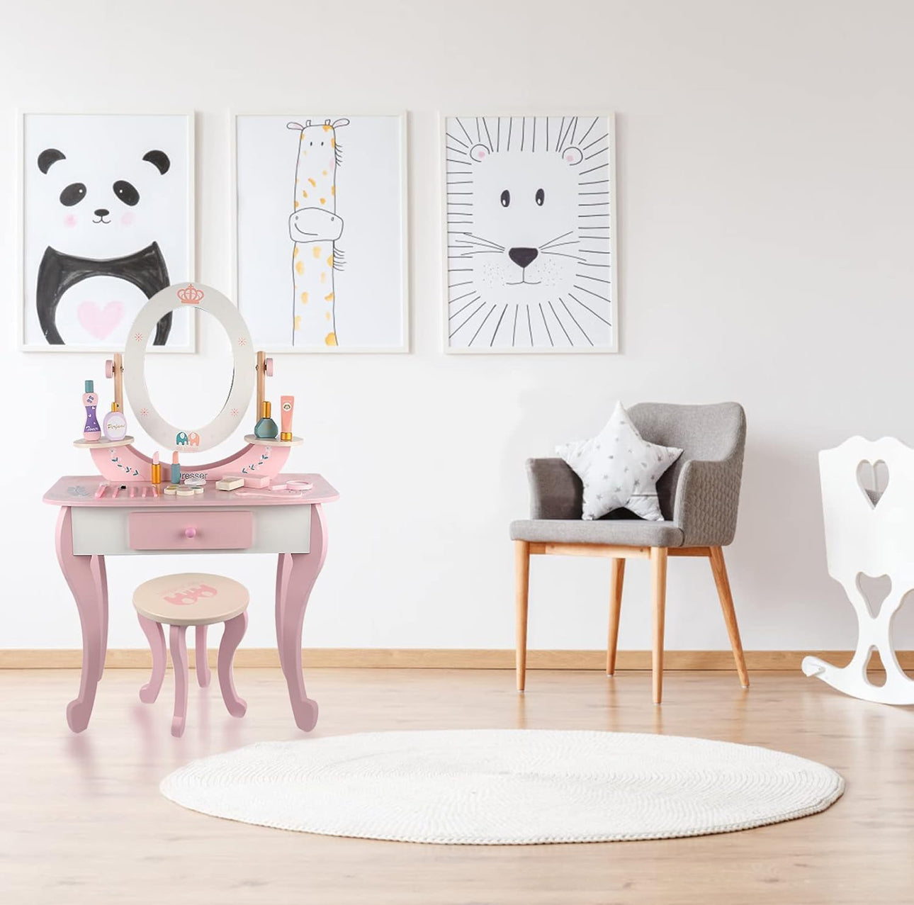 Generic
Toddler Fantasy Vanity Beauty Dresser Table Play Set with Chair, Fashion & Makeup Accessories for Kid and Pretend Play, Toy,Wooden Dressing Table And Stools, Dresser Table,3,4,5 Age Kids (PINK)