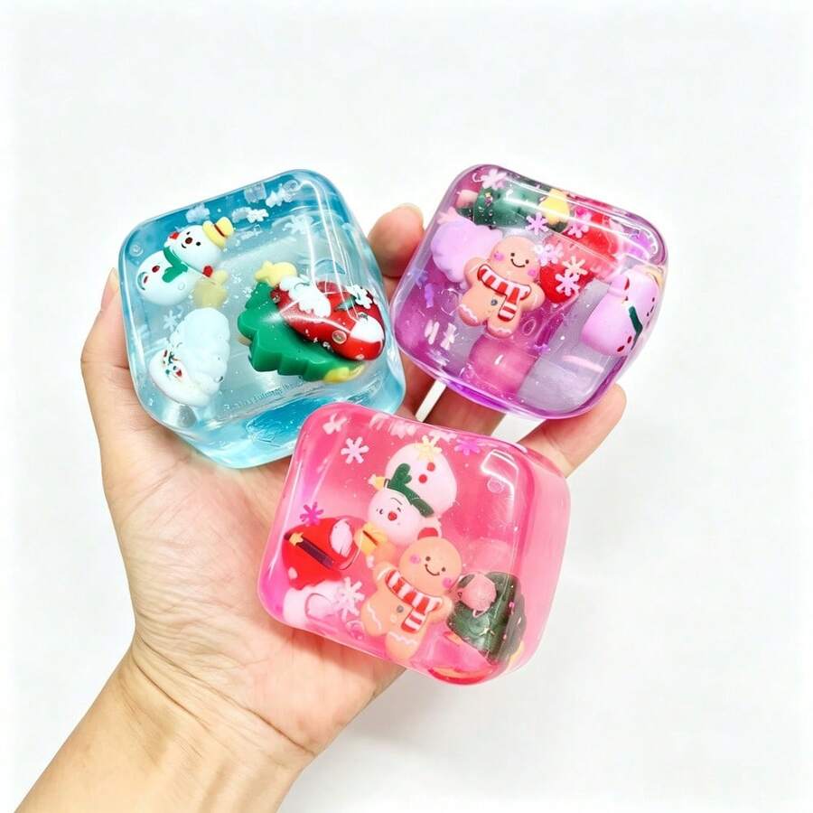 Christmas Ice Cube Squishy Toys, Festive Squeeze Fidget with Holiday Figures