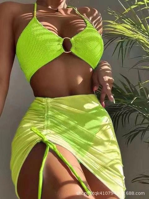 Ladies 3 Pieces Mesh Skirt Swimsuit Women Halter Micro Ribbed Bikini High Waist Swimwear Sexy Solid Beachwear Bathing Suit Various Colours