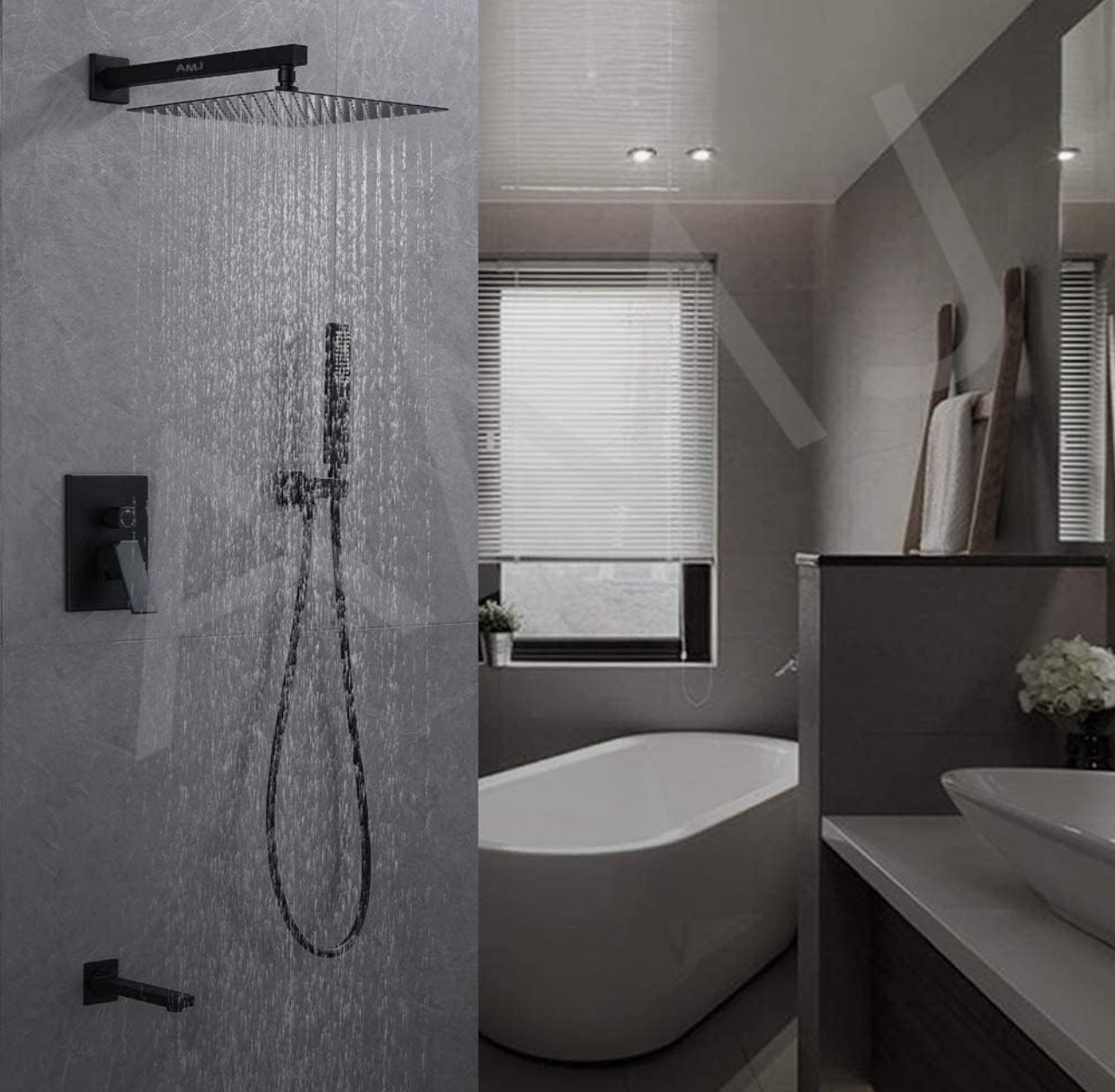 Rainfall Shower Head + Arm Matt Black 8inch Set