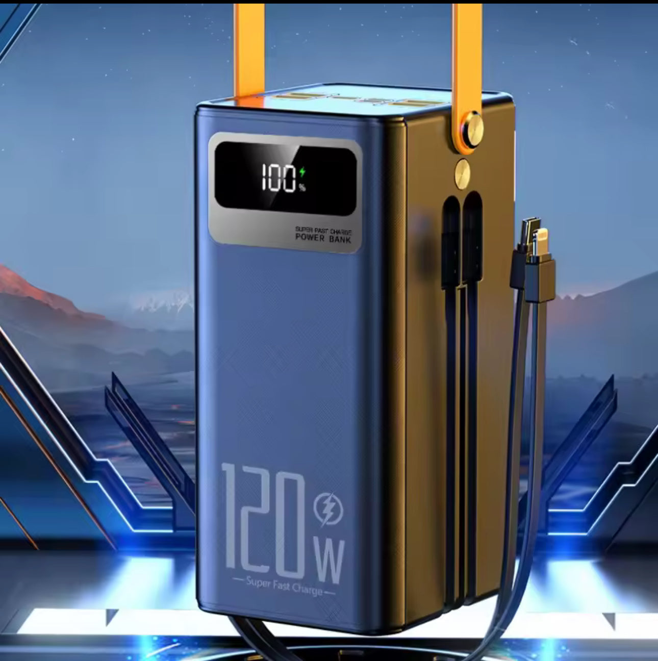 MTech 120W 60000mAh  Power Bank with Built-in Cables | LED Camping Light | 4 USB + Type-C + Lightning + Micro | Black & White