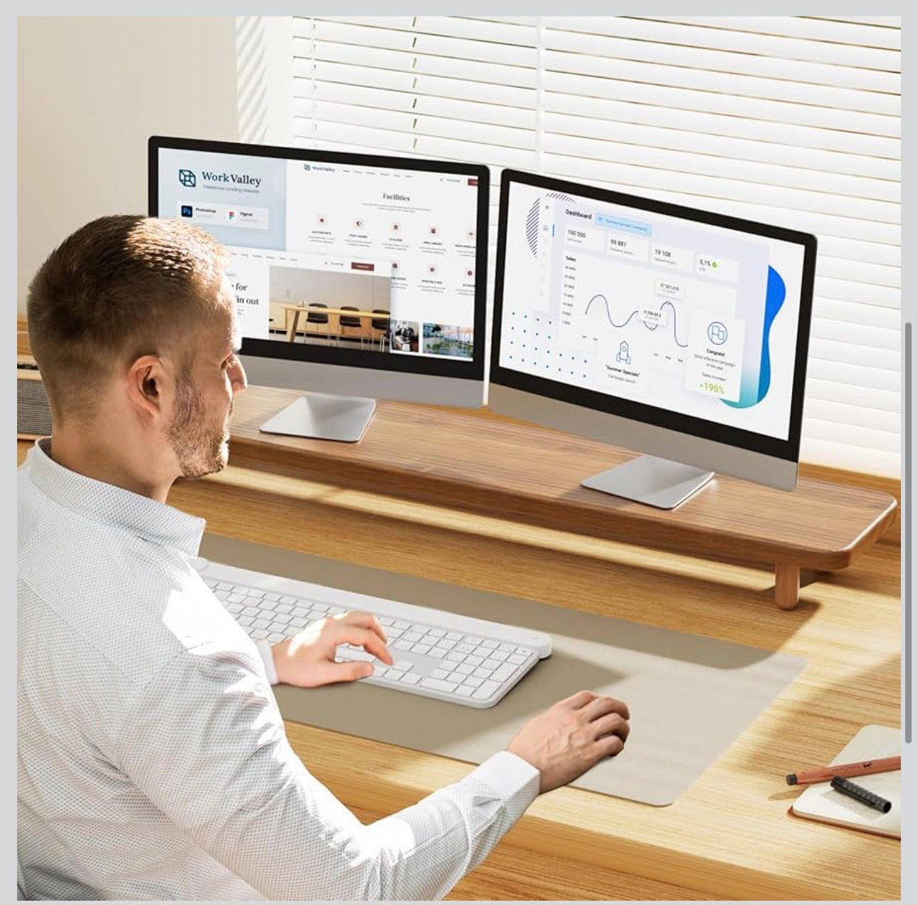 MFURN Dual Monitor Stand Riser, 39 Inch Extra Long Wooden Desktop Monitor Riser with Storage for 2 Monitors Ultra Strong Desk Shelf Organizer Riser Ergonomic for 2 Screens/Laptop/PC/TV/Printer
