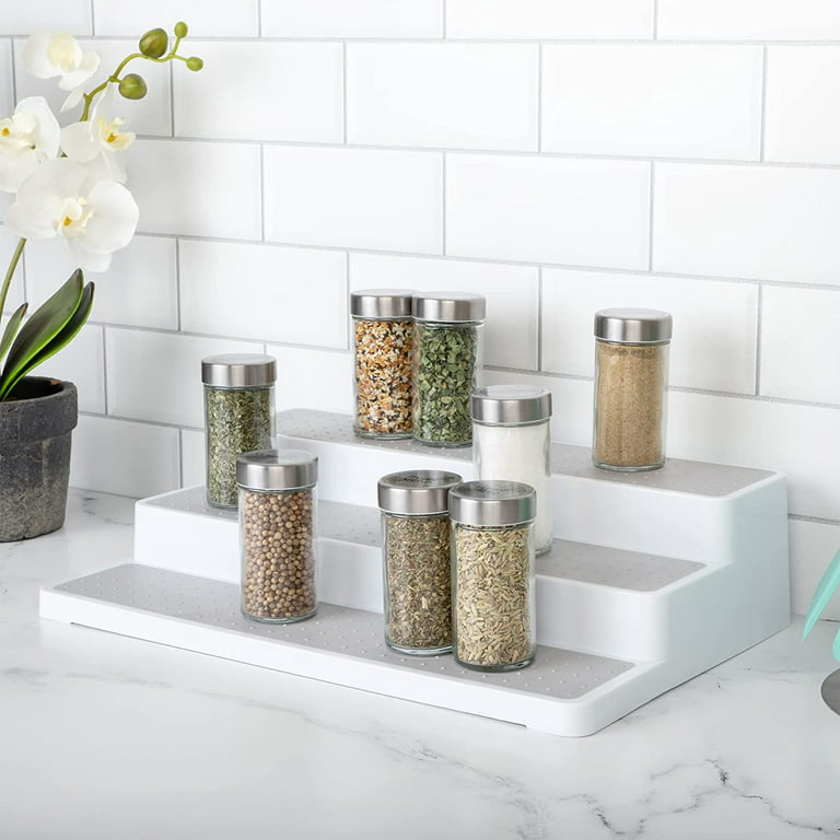 Smart Design 3-Tier Plastic Spice Rack - Non-Slip Lining and Feet - BPA Free - Cupboard, Jars, Cans, Cabinet, Countertop, Pantry, Storage, Kitchen Organizer - White with Gray