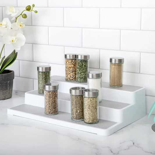 Smart Design 3-Tier Plastic Spice Rack - Non-Slip Lining and Feet - BPA Free - Cupboard, Jars, Cans, Cabinet, Countertop, Pantry, Storage, Kitchen Organizer - White with Gray