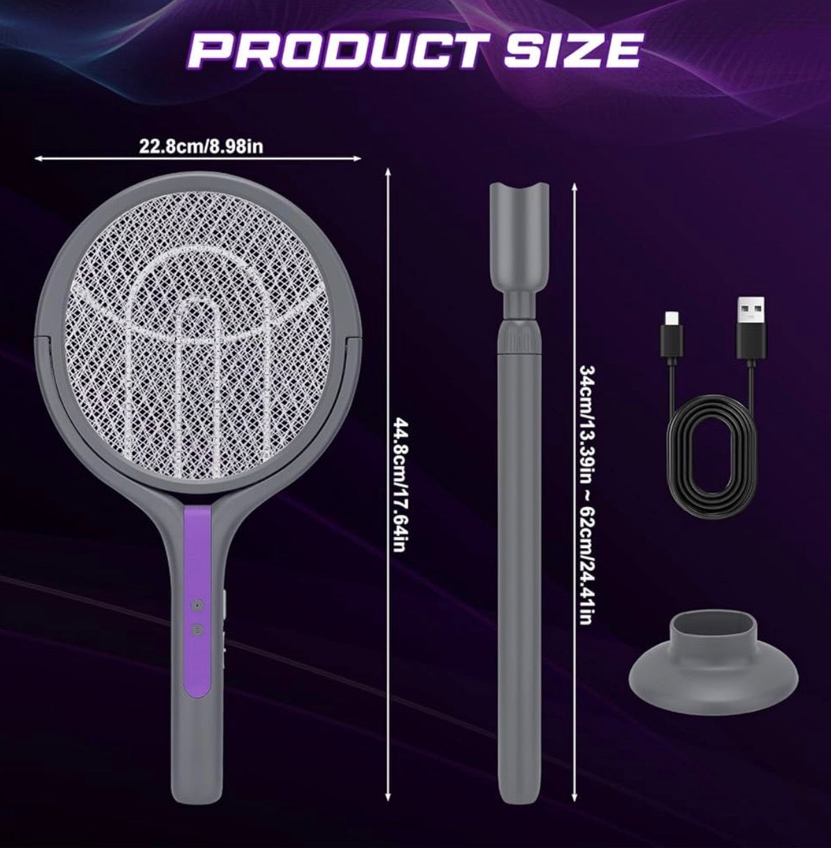 MHome 2 in 1 Rotating Head Electric Fly Swatter, Fly Zapper Racket Rechargeable with a Telescopic Extension, Handy Flies Killer Mosquito Bug Zapper for Indoor and Outdoor