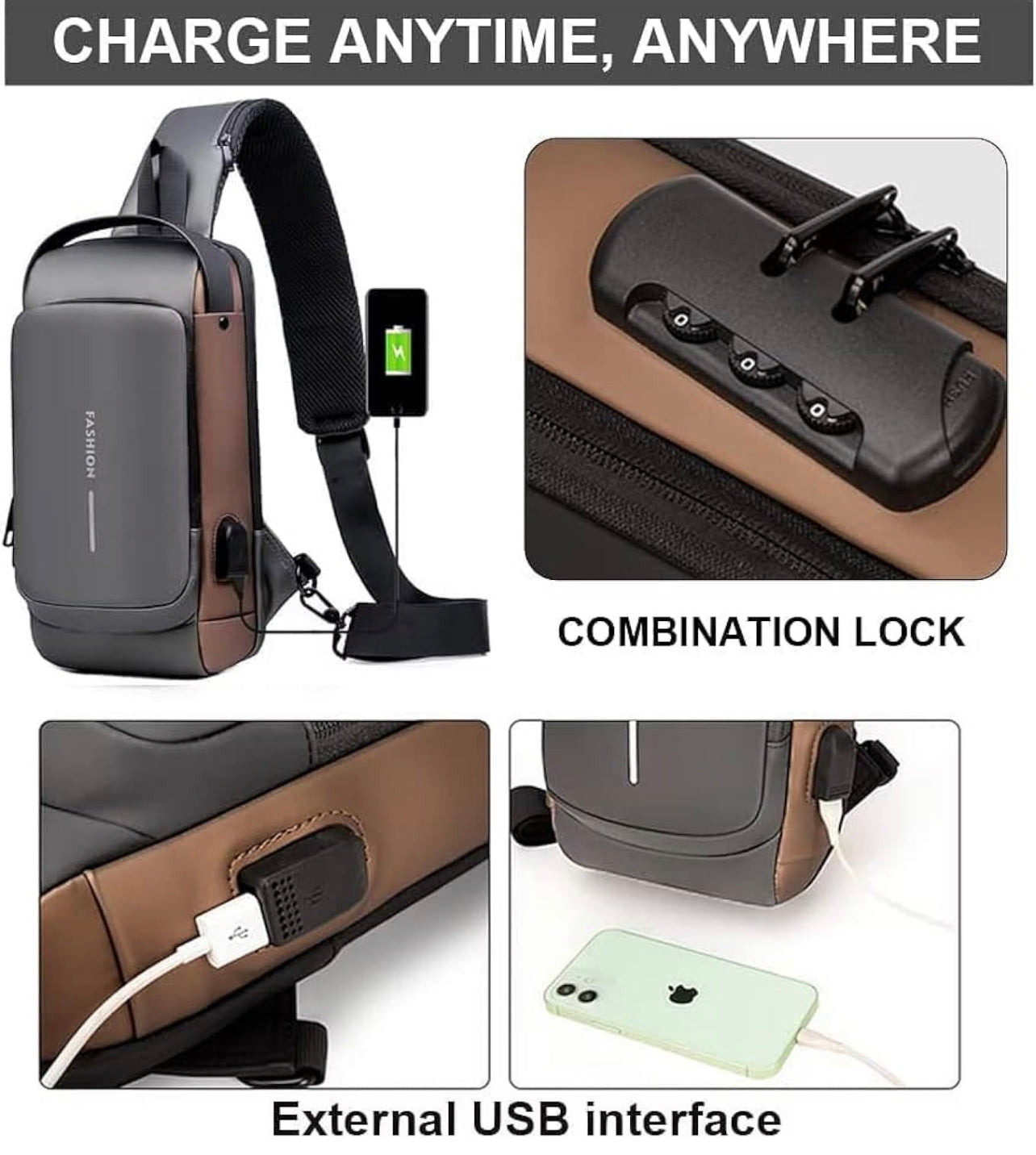 Stylish Small Sling Crossbody One Side Shoulder Bag Mobile Passport Document Waist Fanny Pack Tactical Travel Pouch for Daily Use With USB
