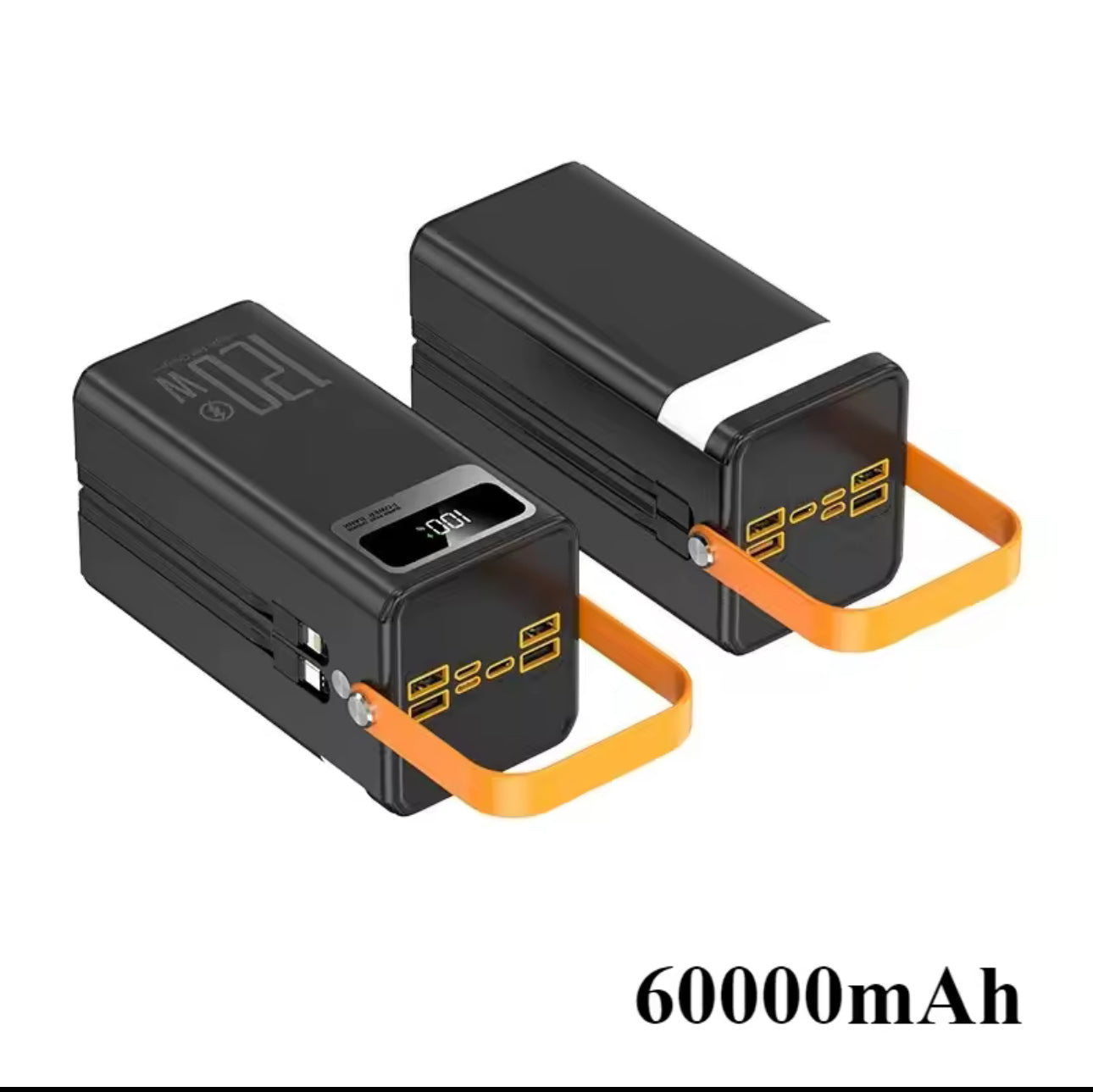 MTech 120W 60000mAh  Power Bank with Built-in Cables | LED Camping Light | 4 USB + Type-C + Lightning + Micro | Black & White