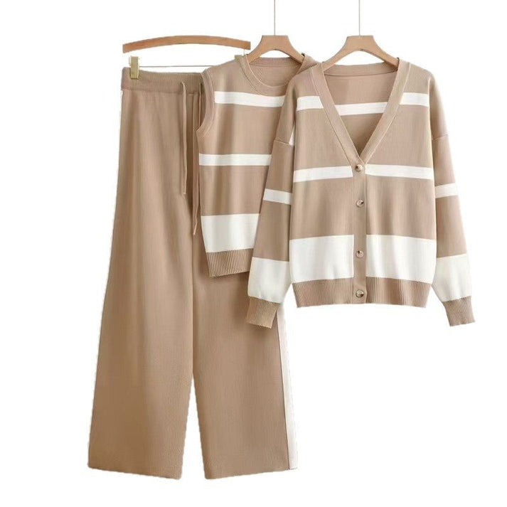 Women Striped Vest,Button Cardigan & Wide-Leg Pants,3pc Set-Various Colours
