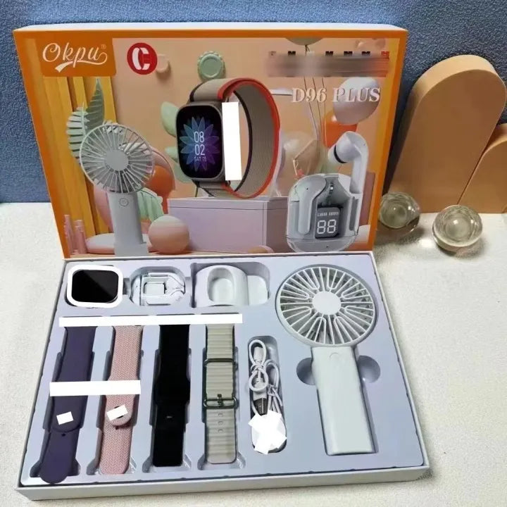Smartwatch, Handy Fan and Earbuds Combo Set. Bluetooth Calling Smart Watch with 4 Straps, Best Quality Hand Fan and Earbuds Gift Set D96 Plus-Various Colours