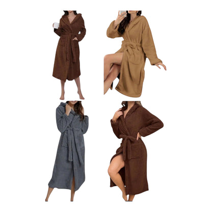 Women Fleece Fuzzy Bathrobe Warm Soft with Pockets Strap-Various Colours