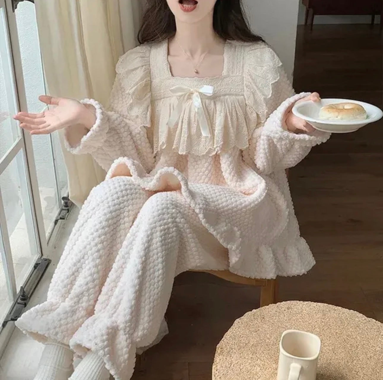 Ladies Coral Fleece Pyjamas  Autumn/Winter Thick Padded Warm Sweet Lace Suit Winter-Various Colours