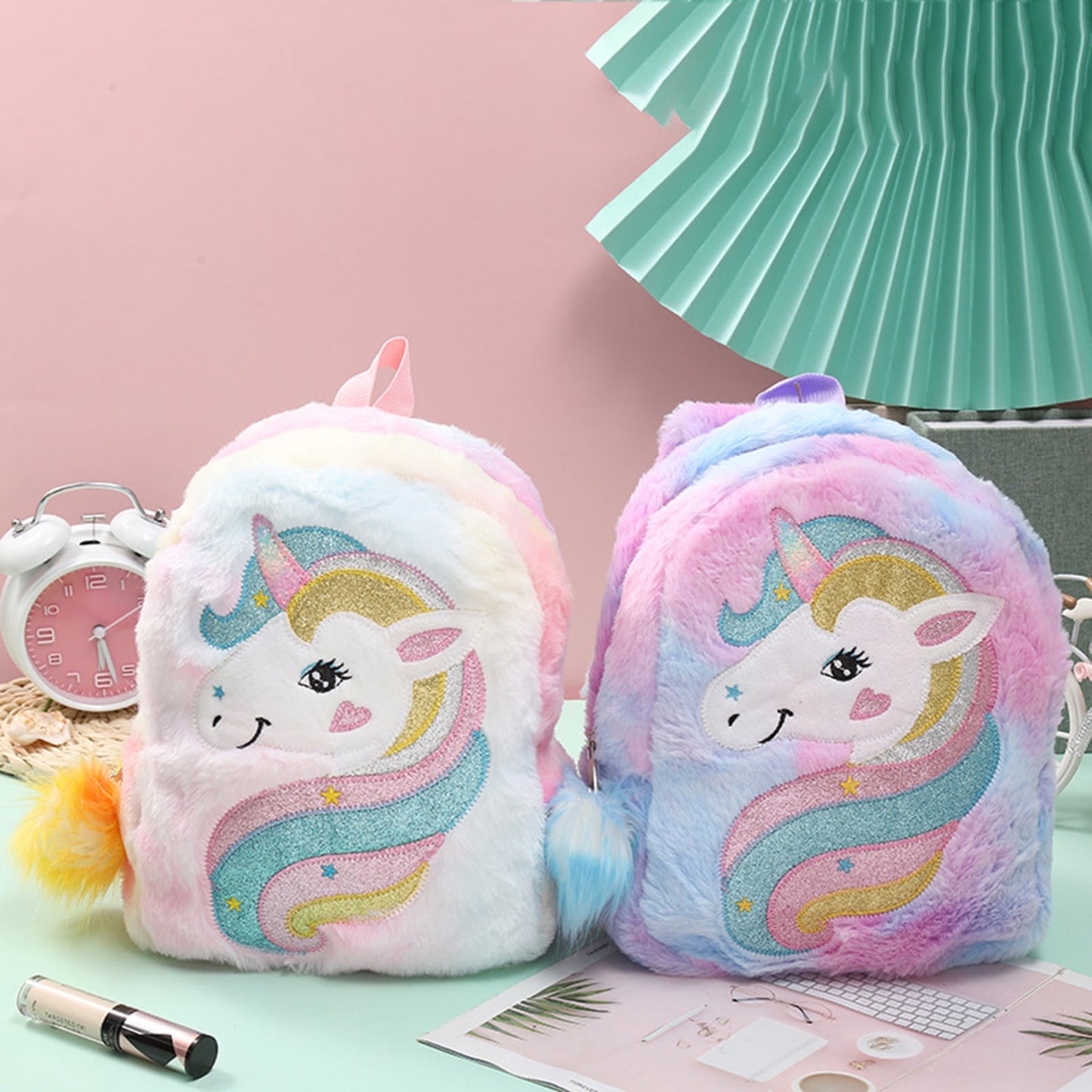 Toddler Girls Plush Backpack Kids Cartoon Unicorn Pattern School Bag Shoulder Bag