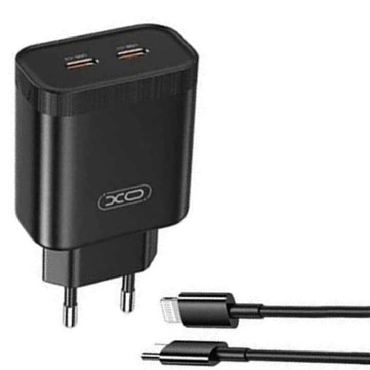 Adapter and Lightning Cable for iPhone, Dual Type-C Charger, Fast Charging 35W, Black.