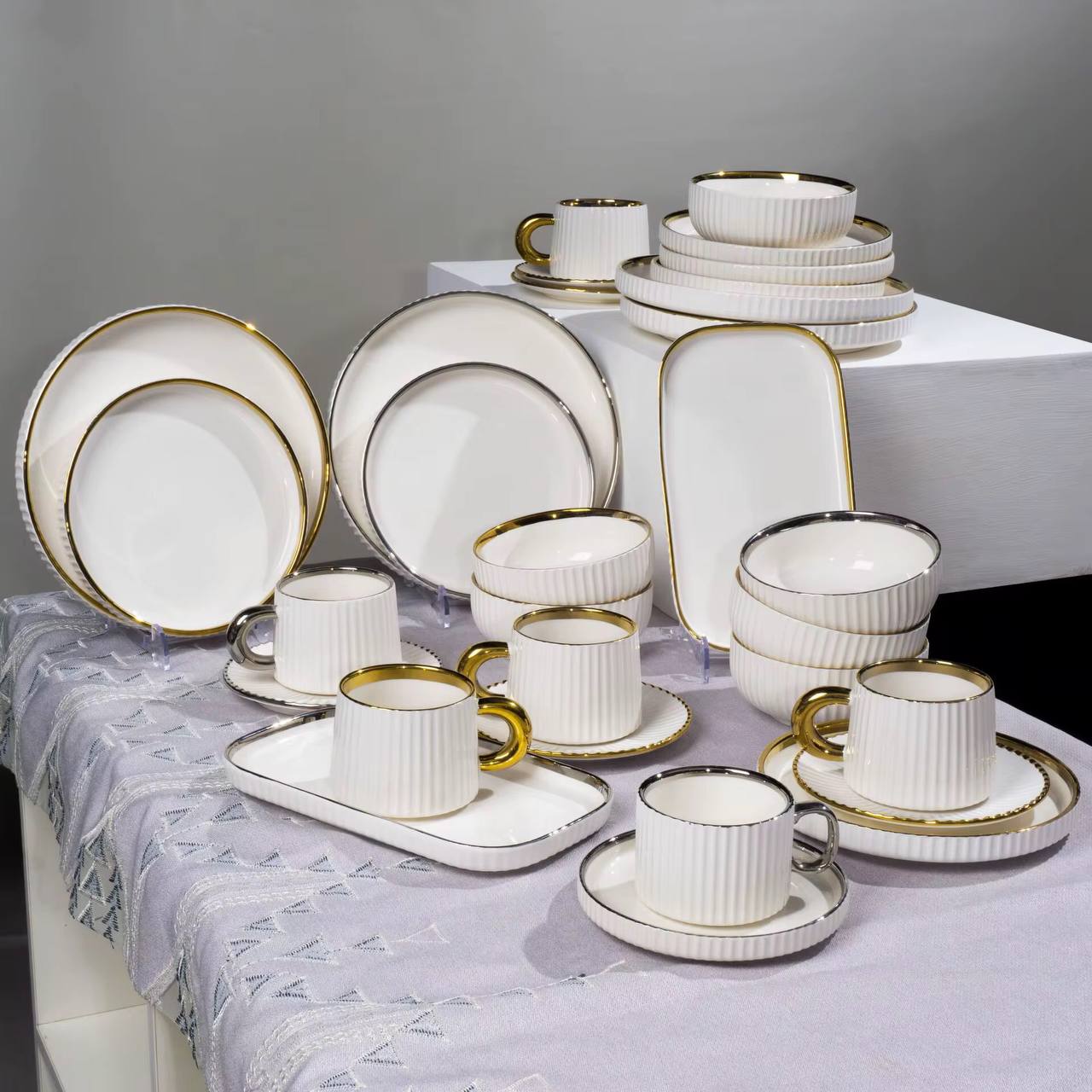 MHome White With Gold Trim 32pc Dinner Set