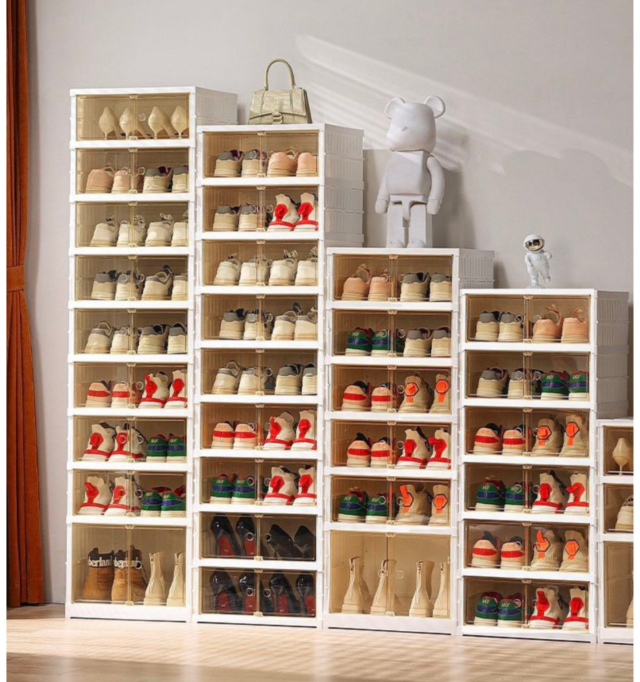 MHome 12-Compartment Folding Shoe Storage Cabinet – Transparent Plastic Organizer with Wheels