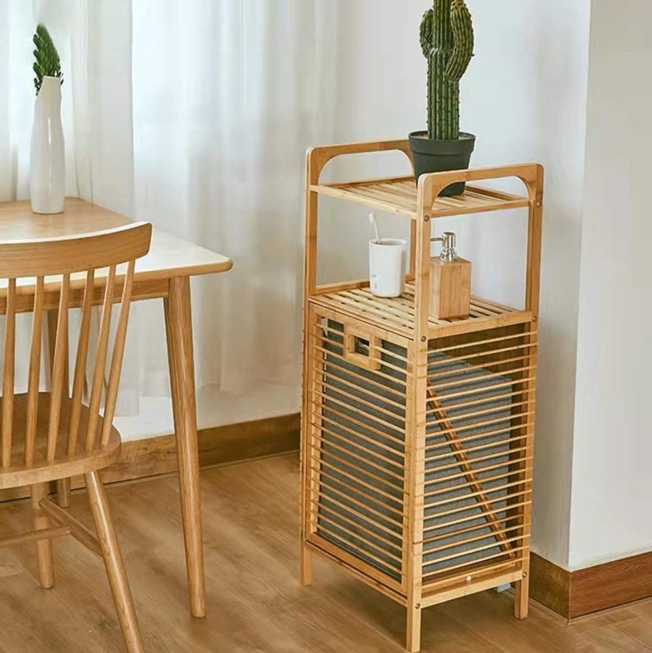MHome Bamboo Laundry Basket Cabinet with Tilt-Out Hamper & Storage Shelf
