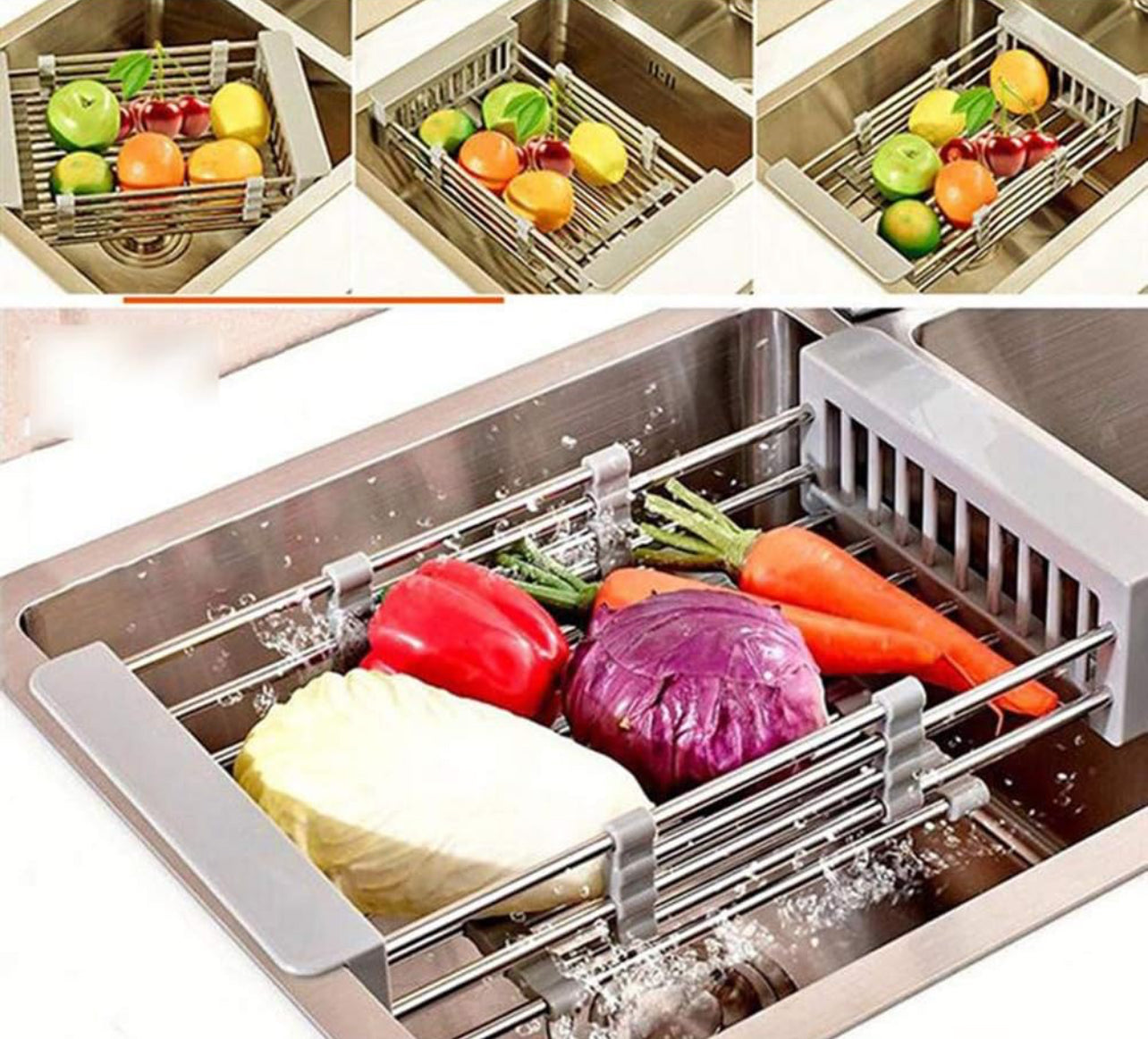 Expandable Dish Drying Rack, Utensil Holder over Sink Stainless Steel Dish Drainer Holder Functional Kitchen Sink Organizer for Vegetable and Fruit