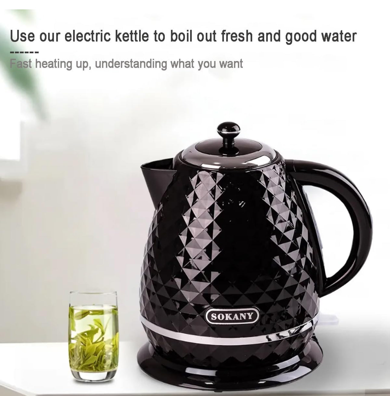 SOKANY SK-1032 Kettle, 2200 W, 1.7 L Teapot, Removable Limescale Filter, Automatic Shut-off, Water Level Indicator, 360°C Base, Black