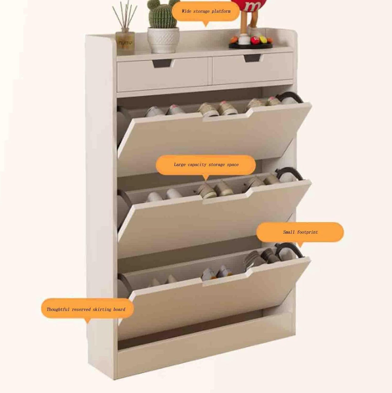MFurn Wood Shoe Cabinet with 3 Flaps, 2 Drawers, Narrow Shoe Chest of Drawers with 3 Deep Compartments