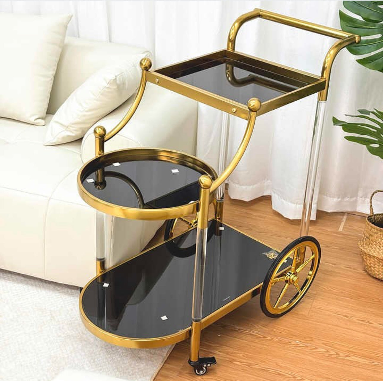 MFurn 3-Tier Rolling Bar Cart – Mirrored Glass Shelves with Wheels