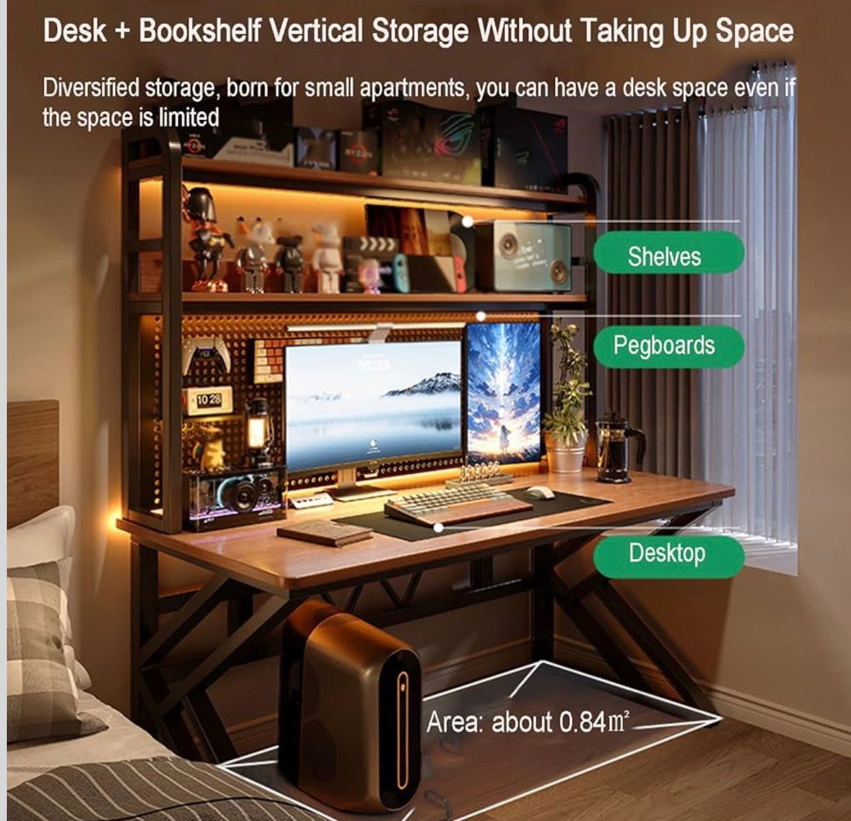 MFURN Computer Desk With Pegboard And Bookshelf, Modern Home Computer Table With Upper Storage Shelves Hutch For Office Bedroom Study Writing Workstation, Industrial Gaming Desk Student Writing Desk