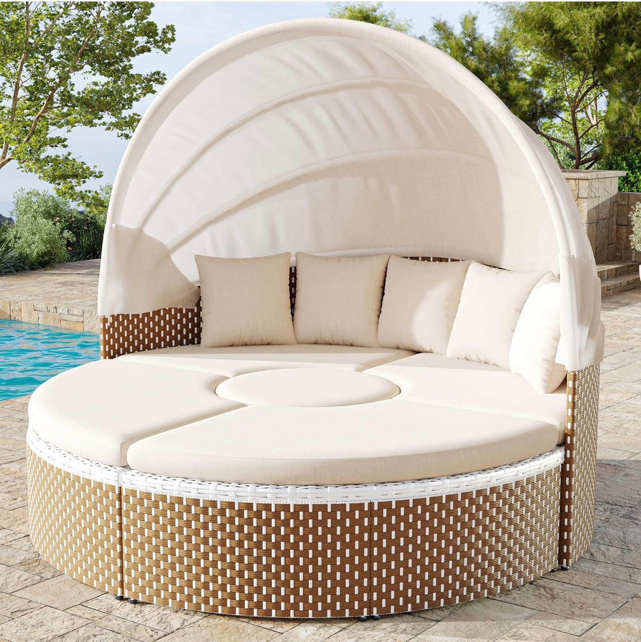 MFURN Rattan Sun Island with Foldable Sun Canopy, Polyrattan Lounge Set Including Cushions & Height-Adjustable Coffee Table, Outdoor Sun Lounger, Garden Lounger, for Garden, Patio, Porch-Pre-Order Sales Now Available
