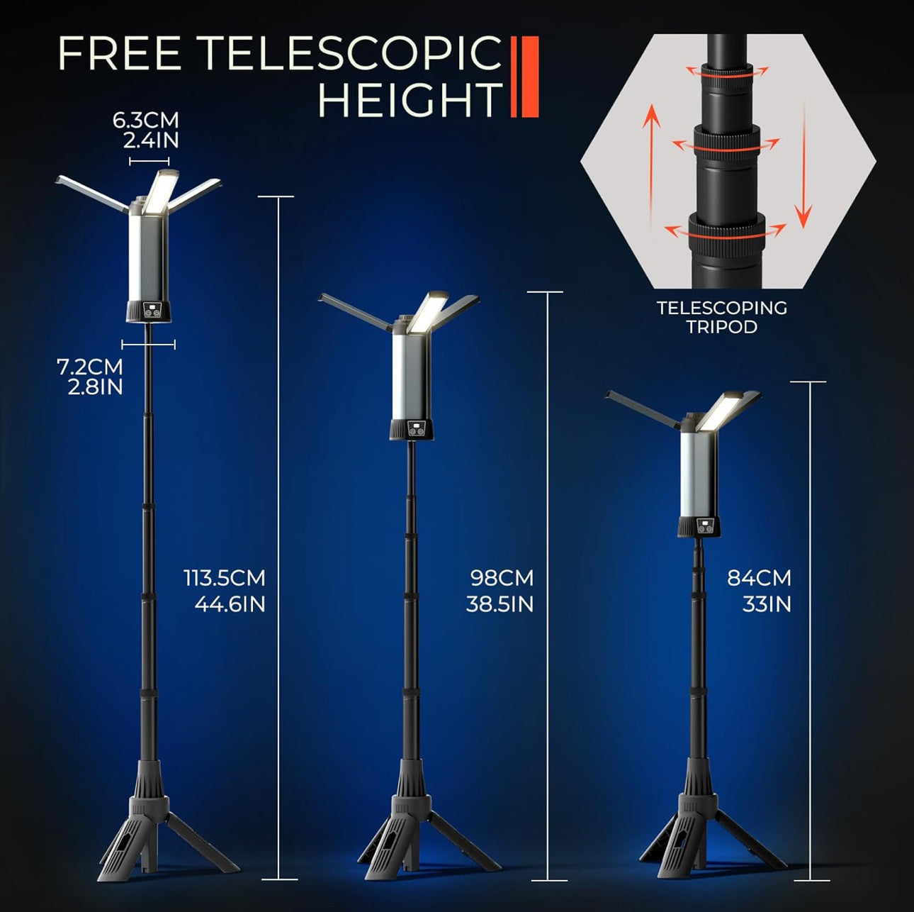 Rechargeable LED Work Light with Stand - Cordless Dimmable Camping Light with Detachable Tripod,Hooks and Carrying Bag