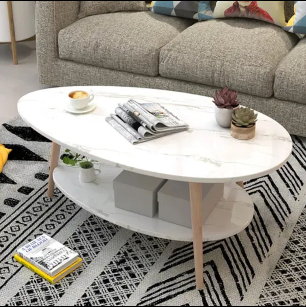 MFurn White Marble Coffee Table – Nordic Double-Layer Wooden Living Room Table