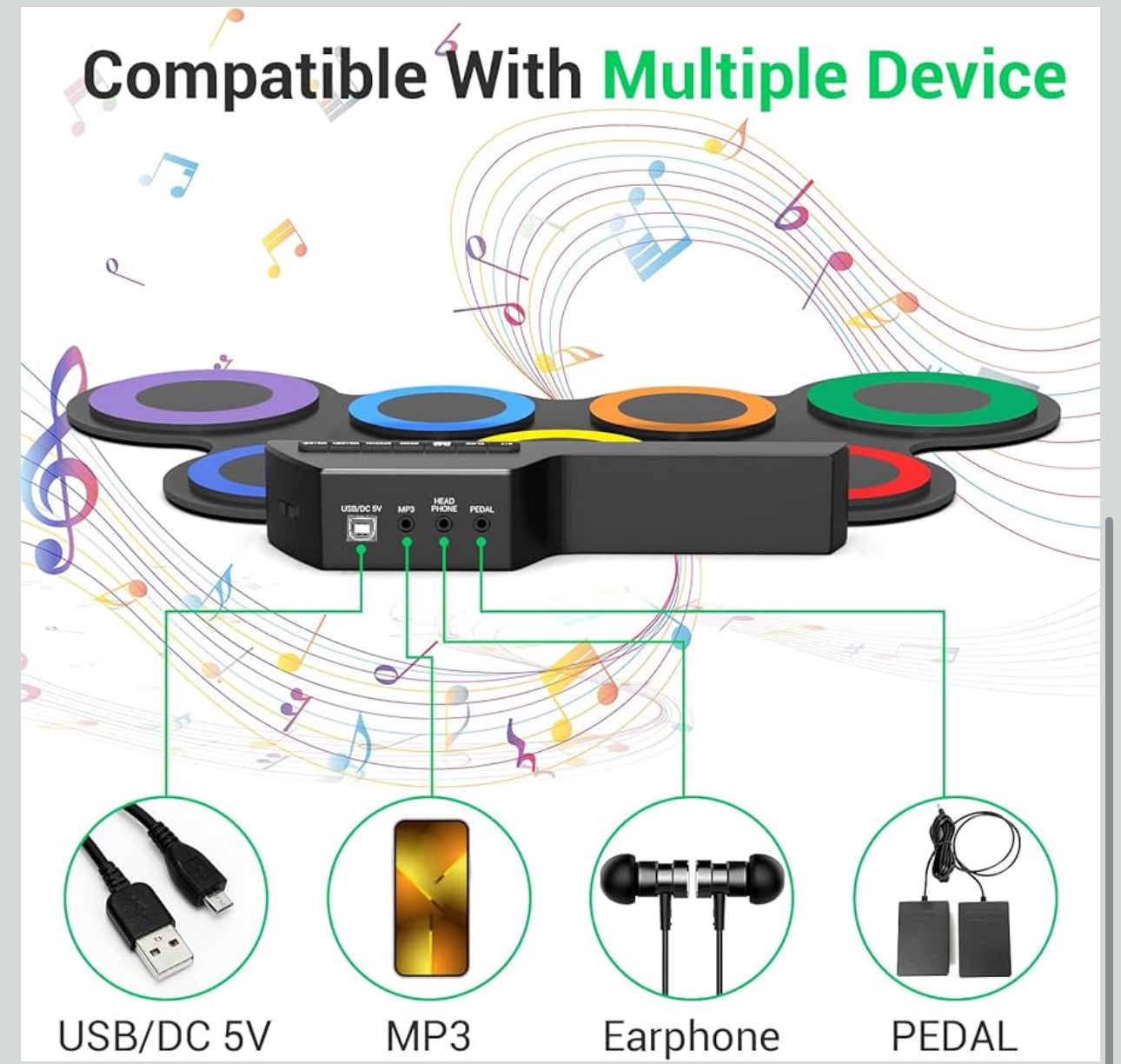 MTech 7-Pad Kids Electronic Drum Set – Roll-Up Portable Electric Drum Kit