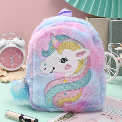 Toddler Girls Plush Backpack Kids Cartoon Unicorn Pattern School Bag Shoulder Bag