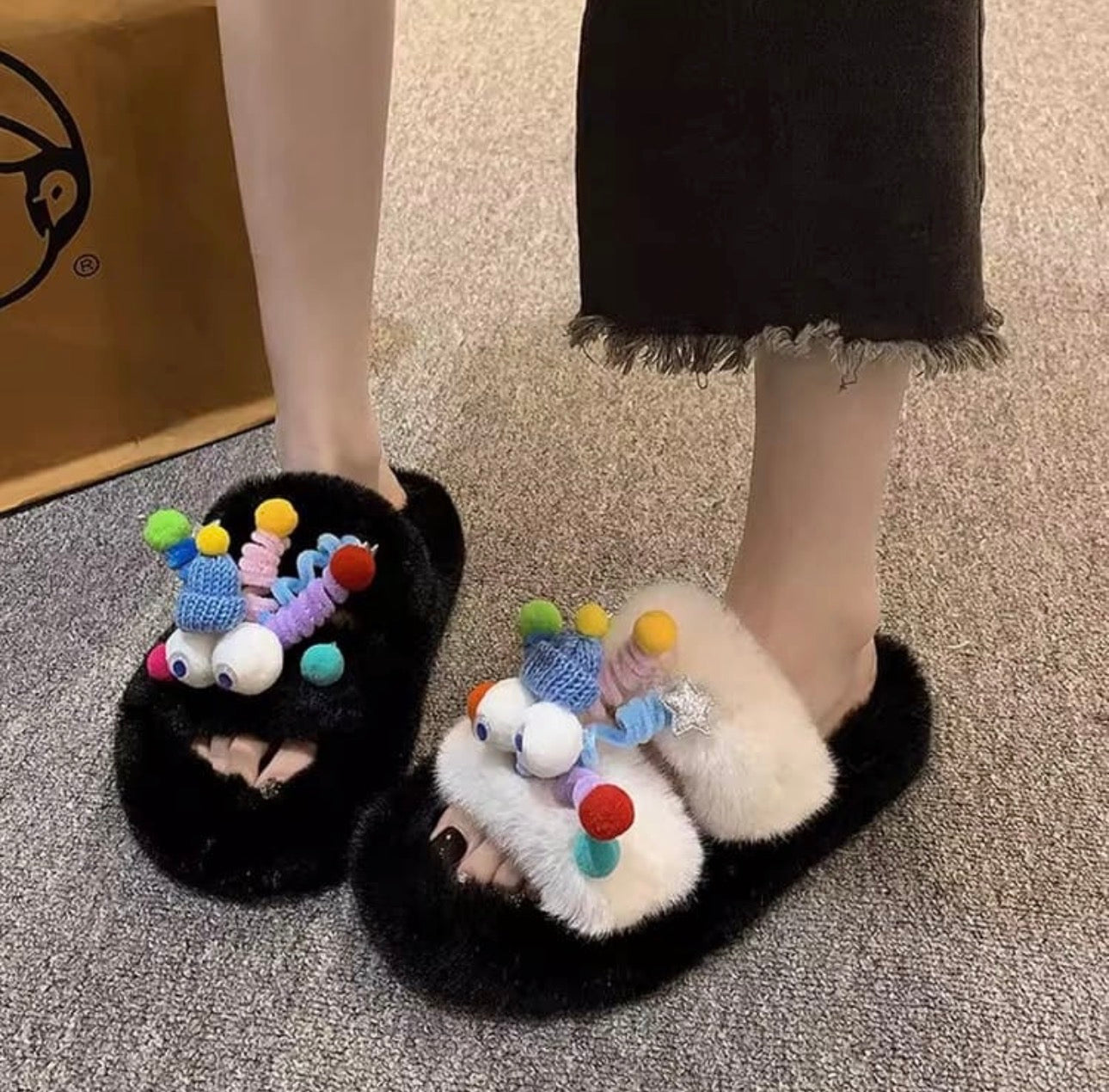 Women Winter Slippers Furry Flip Flops House Shoes Cute Cartoon Theme
