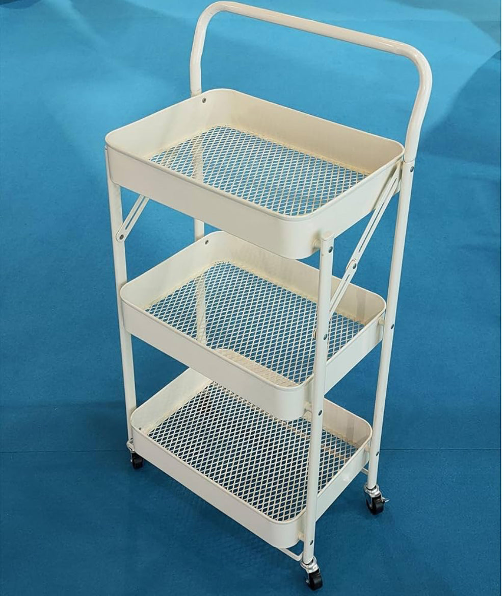 MHome 3-Tier Foldable Metal Kitchen Trolley – Utility Shelf on Wheels