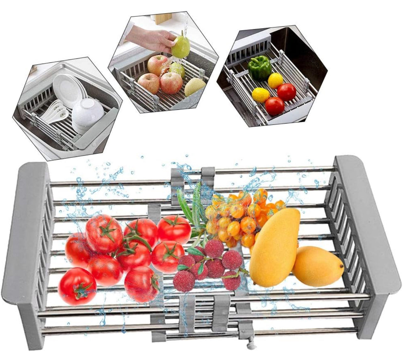 Expandable Dish Drying Rack, Utensil Holder over Sink Stainless Steel Dish Drainer Holder Functional Kitchen Sink Organizer for Vegetable and Fruit
