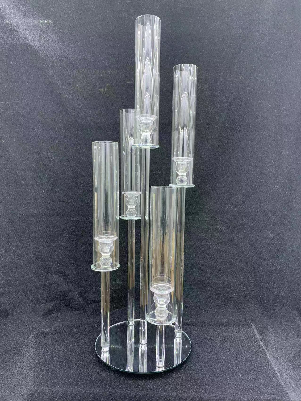 MHome  5-Arm Crystal Round Glass Taper Candle Candelabra, Pillar Candle Holder Wedding Centerpiece