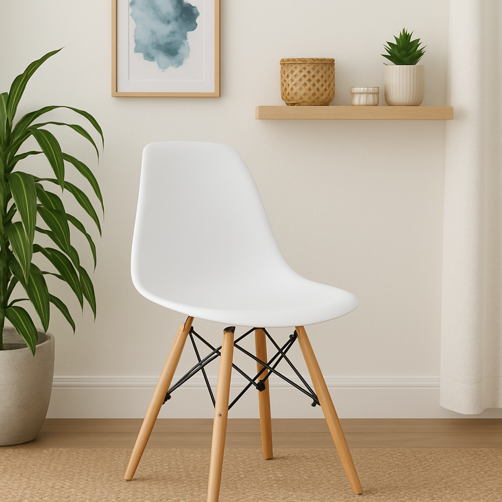 MFurn Modern Eames-Style Dining Chair – White with Wooden Legs