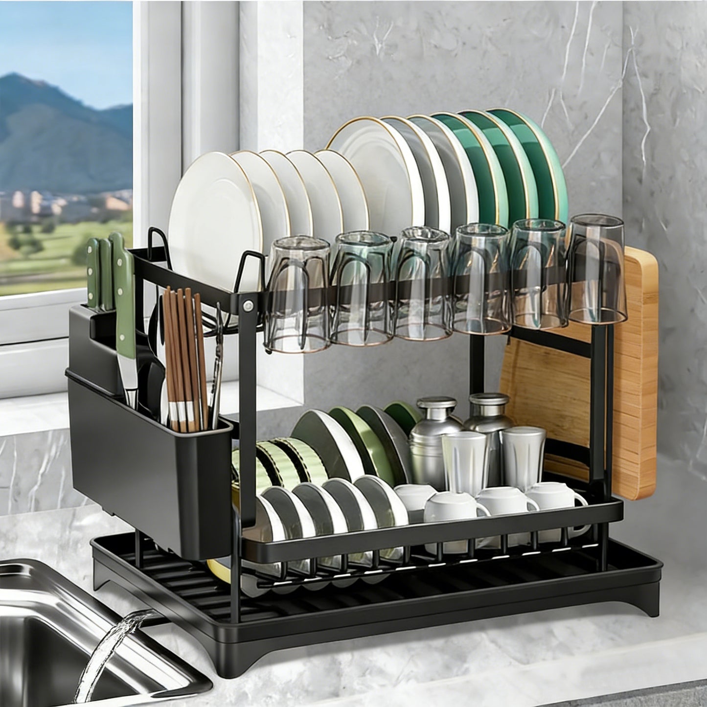 MHOME 2 Tier Dish Drainer Black Stainless Steel with Cup & Utensil Holders