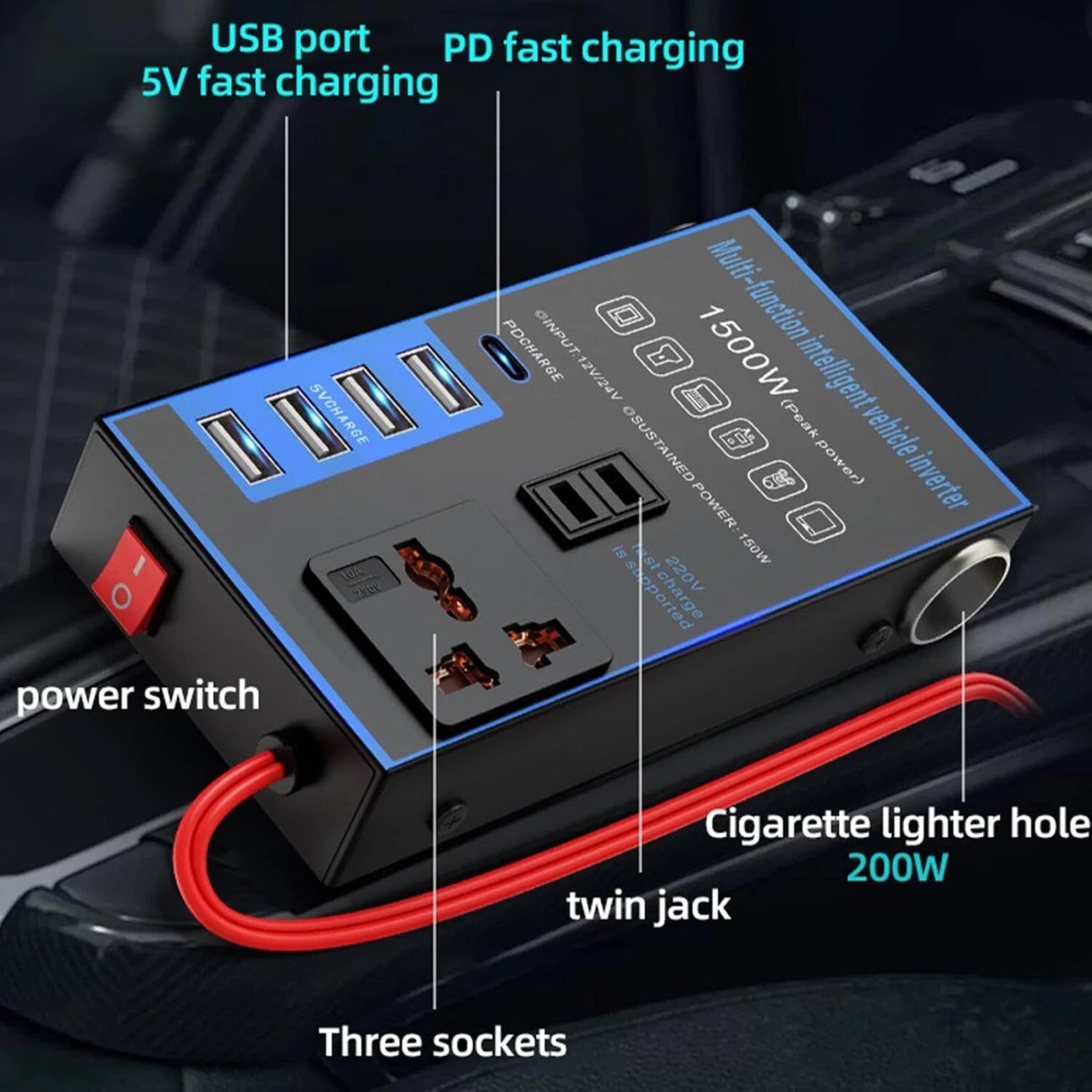 MTech 
Car Power Inverter - 12V/24V Converter, 2 AC Outlets + 4 USB Ports,Fast Charging Car Charger Inverter With USB C, Overload Protection,High Efficiency,Home,Vehicle 1500watt