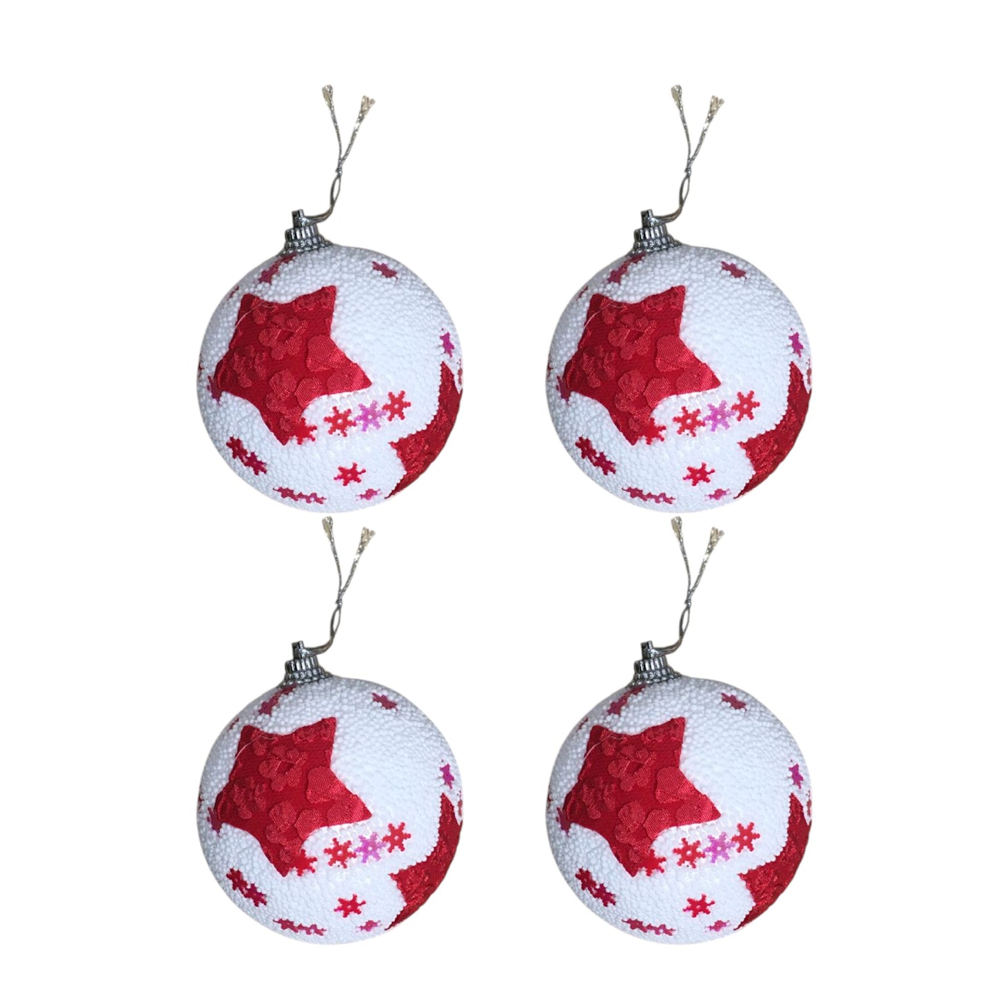 MHome 4-Piece Styrofoam Christmas Ball Ornament Set – White & Red Star Design